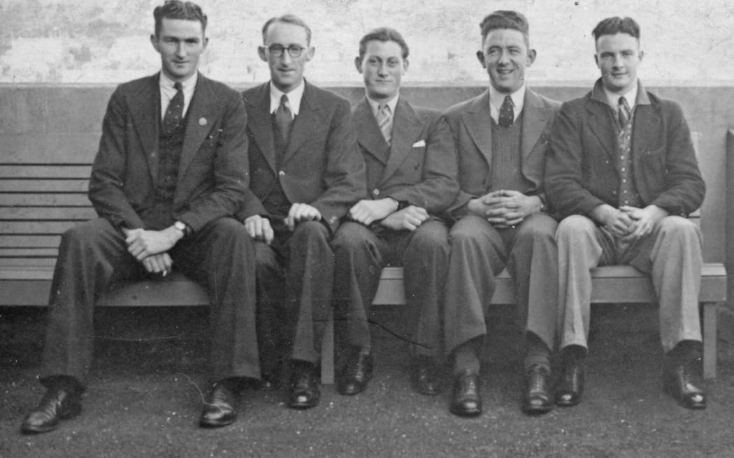 John Jones (centre) and others stationed at Gilbert Island.