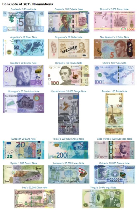 The nominated notes for International Bank Note of the Year include Singapore's $50 and Tonga's $50 Pa'anga.