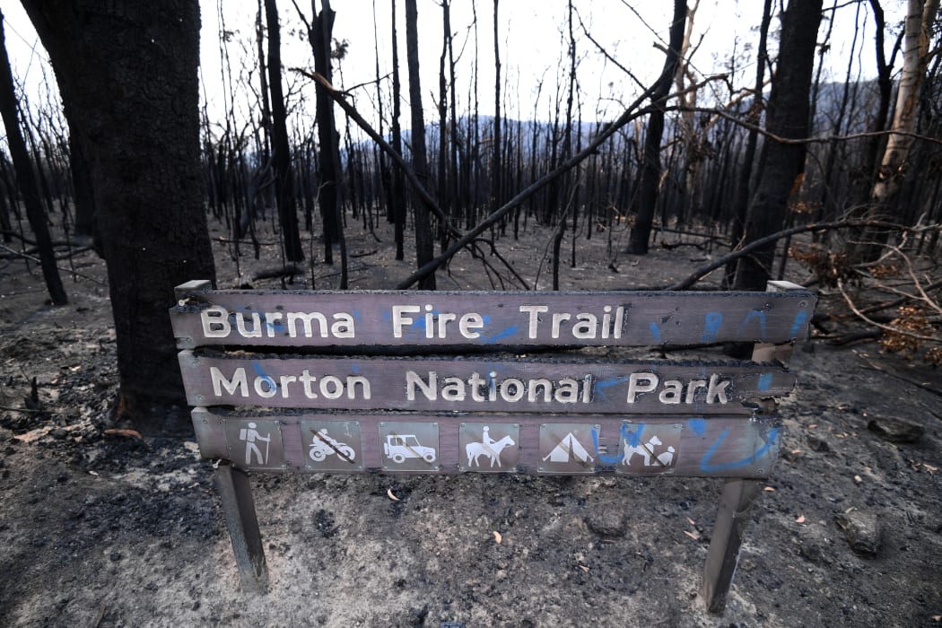 Signage in the Budgong National Park, NSW, after bushfires on 15 January, 2020.