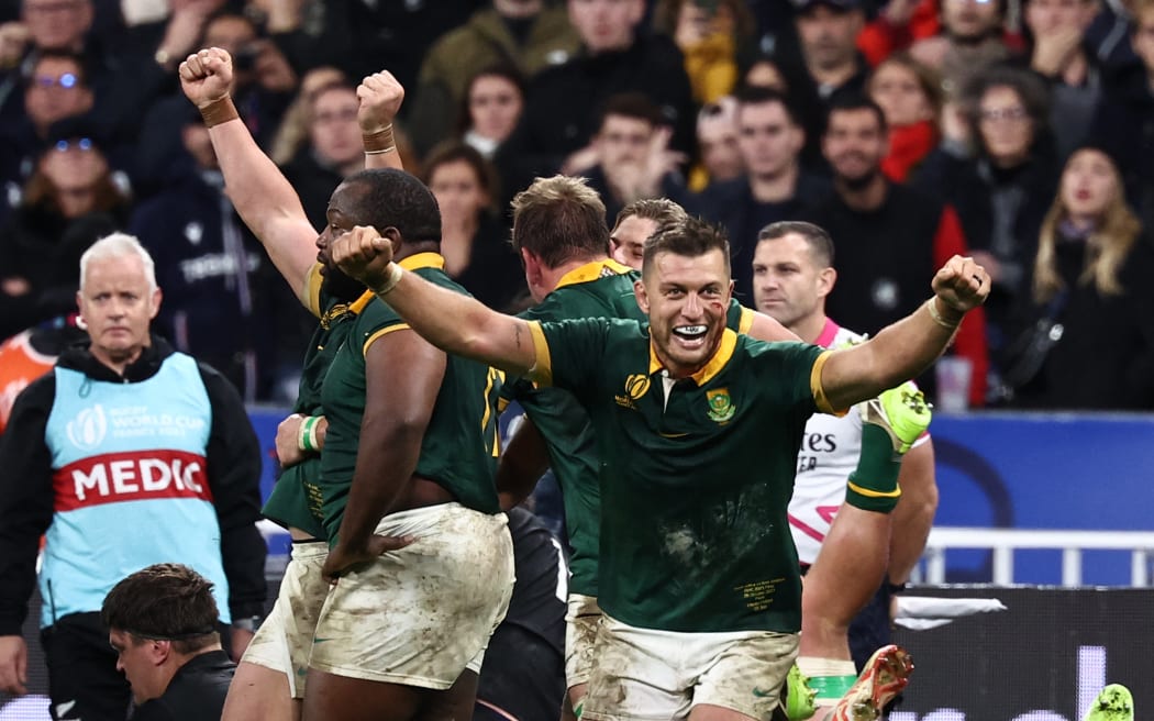 South Africa celebrates after winning the 2023 Rugby World Cup Final match between New Zealand and South Africa.