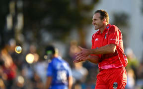 TAURANGA, NEW ZEALAND - JANUARY 22: Kieran Read of Team Rugby bowls during the Black Clash T20 cricket match between Team Cricket and Team Rugby at Bay Oval on January 22, 2022 in Tauranga, New Zealand. (Photo by Hannah Peters/Getty Images)