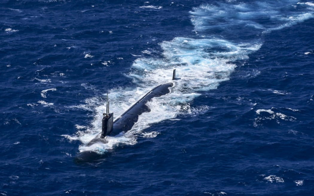 View of a US nuclear submarine during military exercises 70 nautical miles (130 kilometers) off Cartagena, Colombia, on February 28, 2022.