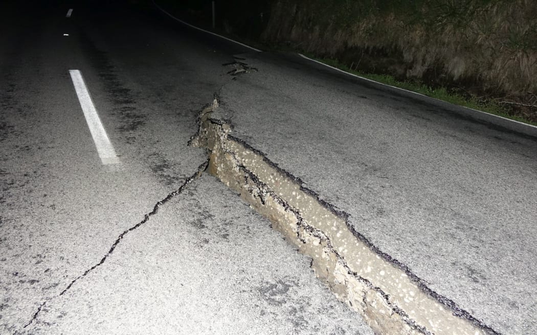 Cracks on the road near Rotherham, North Canterbury.