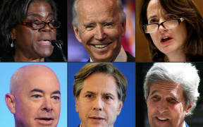 Joe Biden, top row centre, with cabinet appointments Linda Thomas-Greenfield, left, and Avril Haines. Bottom row from left, Alejandro Mayorkas, Antony Blinken and John Kerry.