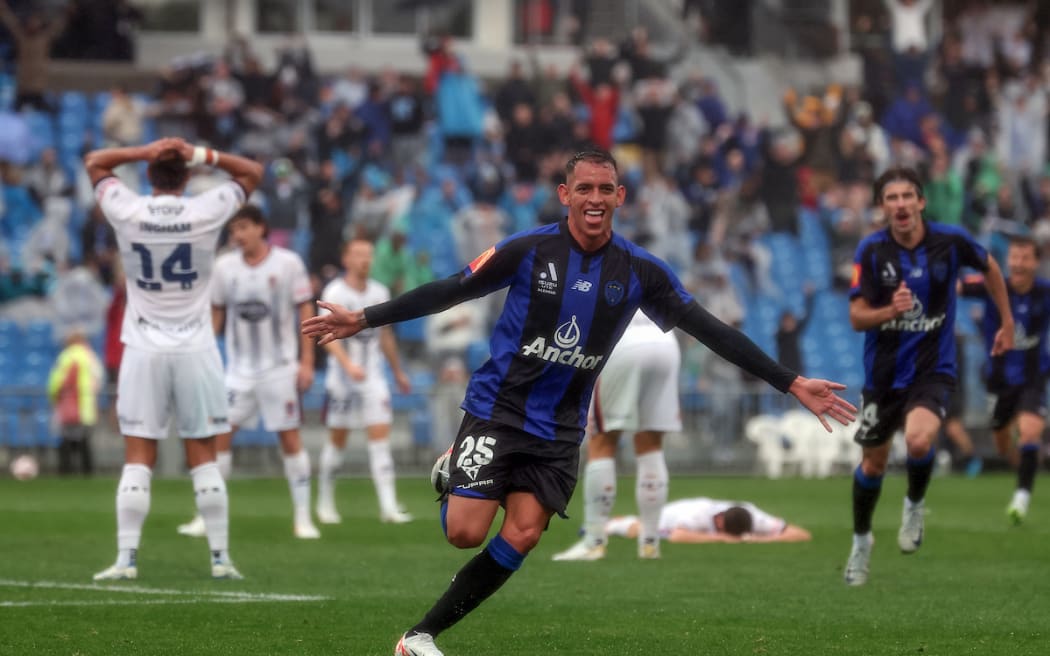Auckland FC's Neyder Betancur scores and celebrates the opening goal of the match. A-League Men, Round 6, Auckland FC v Newcastle Jets FC, Go Media Stadium, Auckland.
