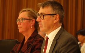 Duncan Webb and Ruth Dyson at the Christchurch City Council meeting.