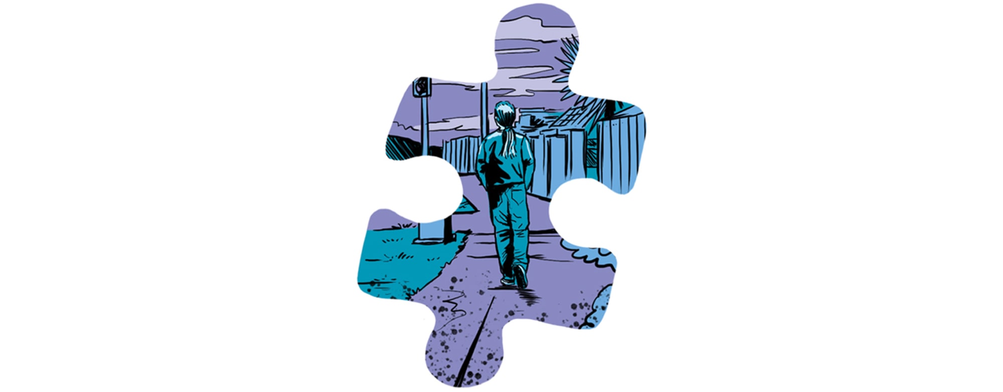 Dark graphic novel style illustration of teenager wandering alone at night framed in a puzzle piece