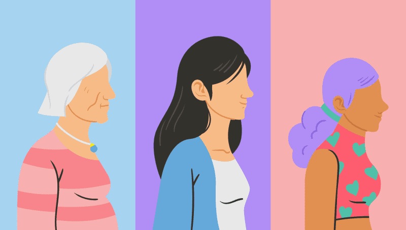 A triptych illustration of three women of different ages, in pastel tones.