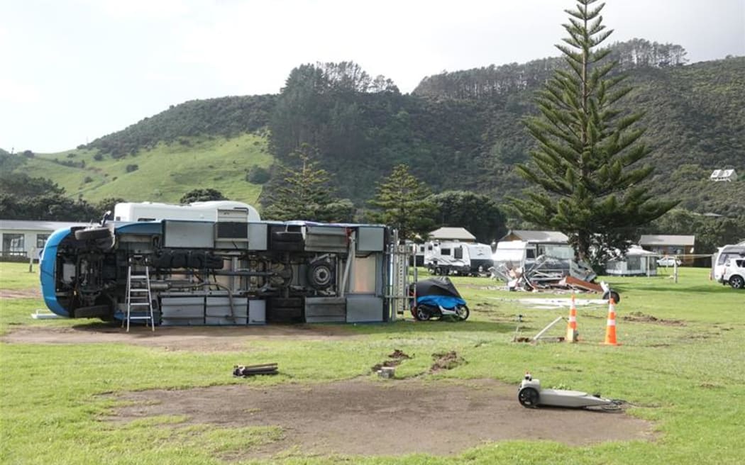 An overturned campervan after a reported tornado in Northland.