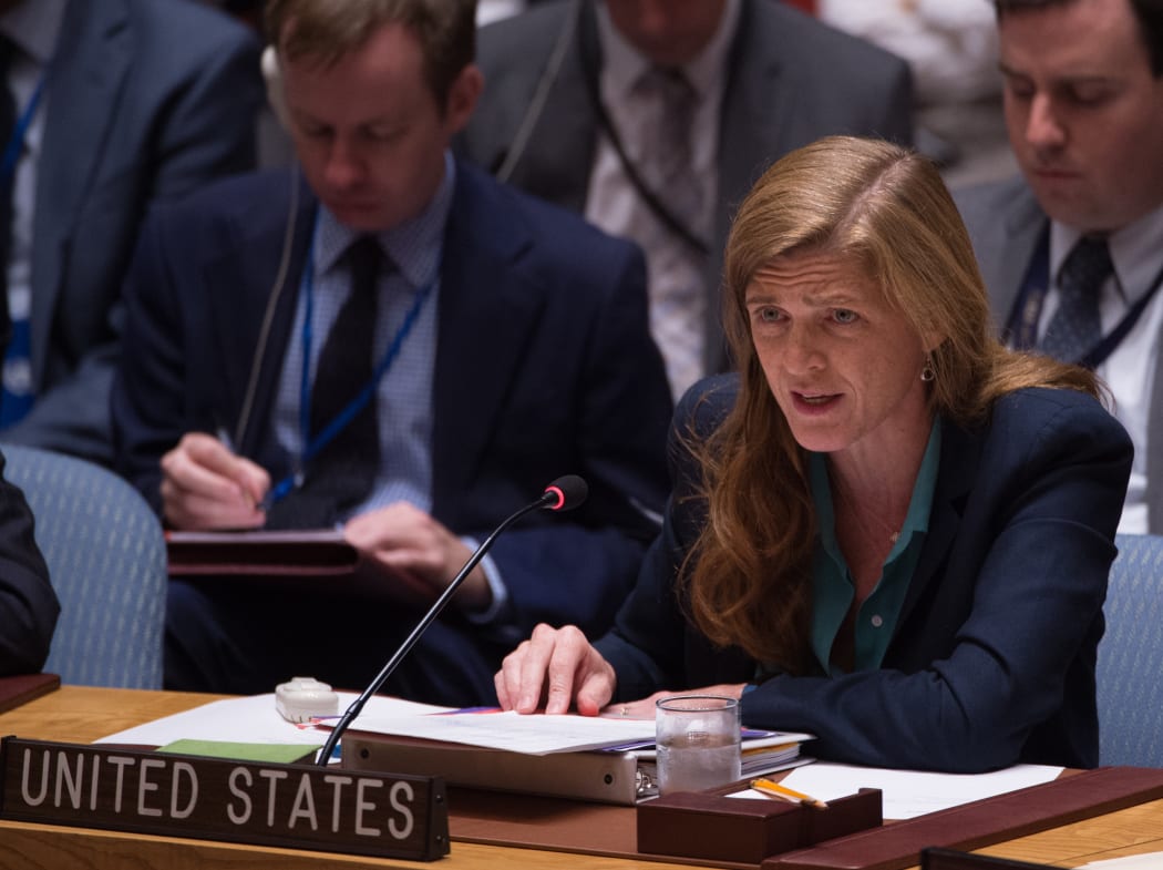US Ambassador to the UN Samantha Power speaking during a United Nations Security Council emergency meeting on the situation in Syria, 25 September 2016