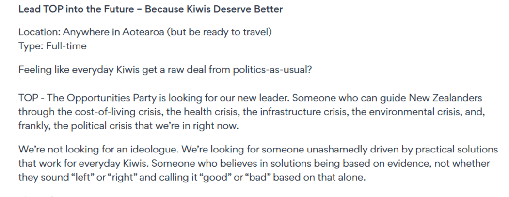 The Opportunities Party is looking for a new leader, and has taken to Seek to find one.