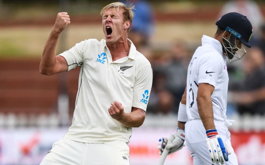 Kyle Jamieson on debut celebrates the wicket of Kohli during play on Day 1 of the 1st test match, New Zealand Black Caps v India. Basin Reserve, Wellington, New Zealand. Friday 21 February 2020. © Copyright Photo: Andrew Cornaga / www.photosport.nz
