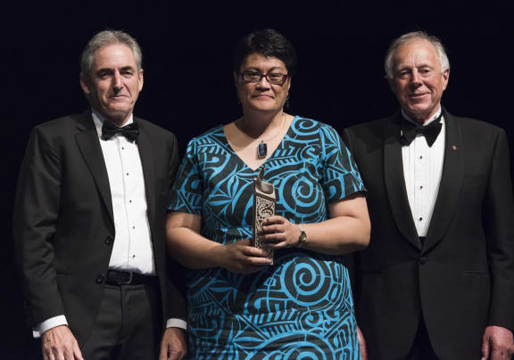 Judge Ida Malosi with Victoria University Vice-Chancellor Professor Grant Guilford (left) and Chancellor Sir Neville Jordan (right).