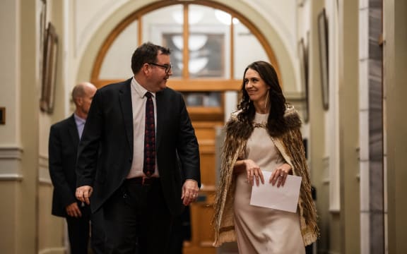 Grant Robertson & Jacinda Ardern entering the House before Ardern's valedictory speech.