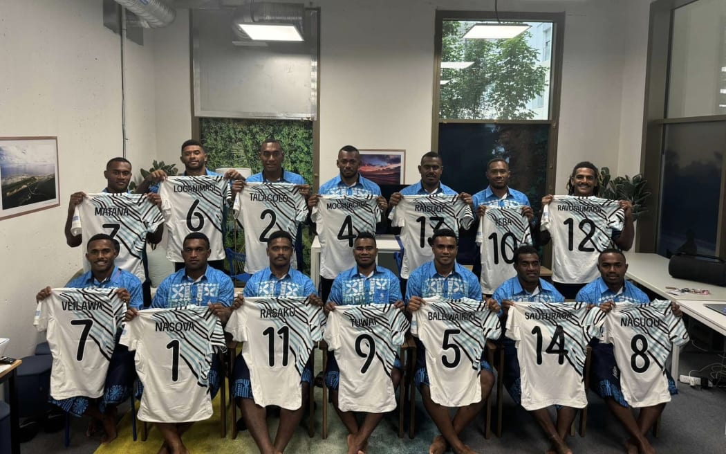 The Fijian men's team with their jerseys after the jersey presentation at the Games Village on Wednesday morning (NZ Time). Photo: Team Fiji