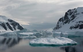 Icebergs. Moving Ice Floes and Ice Sheets in the calm Antarctic Sea, Reflection of Antarctica Mountain in water surface.