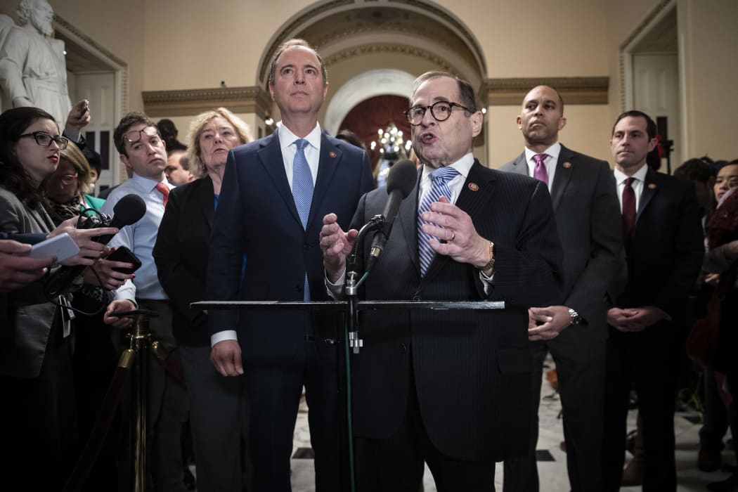 House impeachment managers Rep. Zoe Lofgren (D-CA), Rep. Adam Schiff (D-CA), Rep. Jerry Nadler (D-NY), Rep. Hakeem Jeffries (D-NY) and Rep. Jason Crow (D-CO), January 21, 2020 in Washington, DC.