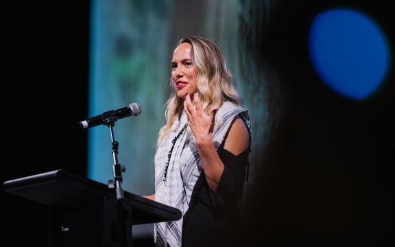 Director Ursula Grace Williams on stage at the Civic ahead of the world premiere of Ngā Ao E Rua - Two Worlds.