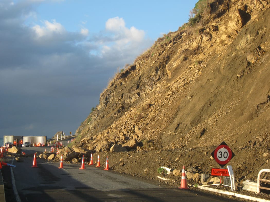 A rockfall on State Highway 1 between Pekata and Goose Bay.