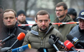 BROVARY, UKRAINE - JANUARY 18, 2023 - Deputy head of the Presidential Office Kyrylo Tymoshenko speaks to the press at the scene of the fatal helicopter crash at a kindergarten in Brovary, Kyiv Region, northern Ukraine. As reported, 16 people, including three children, died and 30 people were admitted to hospital. All nine people onboard - six members of the operative group of the Ministry of Internal Affairs, including Minister Denys Monastyrskyy, and three crewmembers of the State Emergency Service  are among the dead. NO USE RUSSIA. NO USE BELARUS. (Photo by Evgen Kotenko / NurPhoto / NurPhoto via AFP)