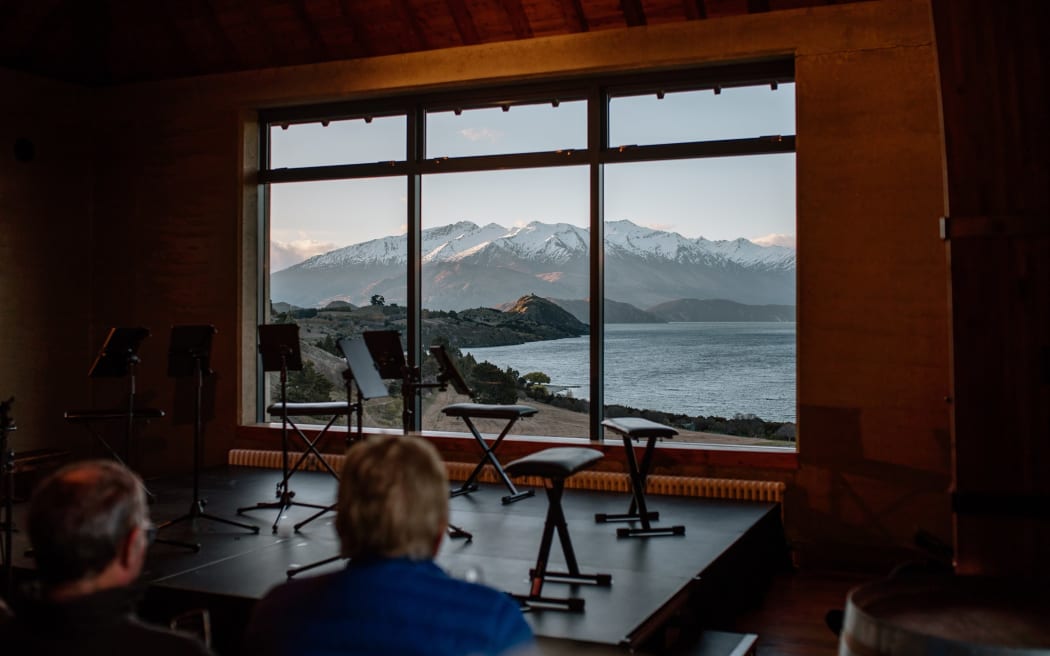 The stage in Rippon Hall, overlooking Lake Wanaka.