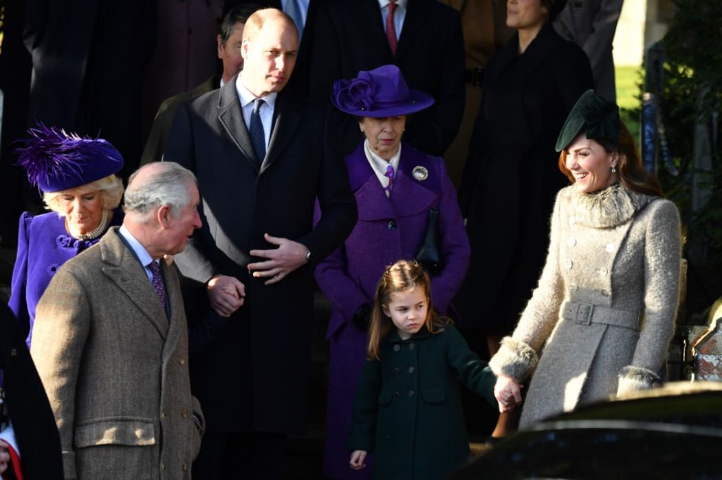 Camilla, Duchess of Cornwall, Prince Charles, Prince of Wales, Prince William, Duke of Cambridge, Princess Anne, Princess Royal, Princess Charlotte of Cambridge and Catherine, Duchess of Cambridge, leave  at St Mary Magdalene Church in Sandringham, on December 25, 2019.
