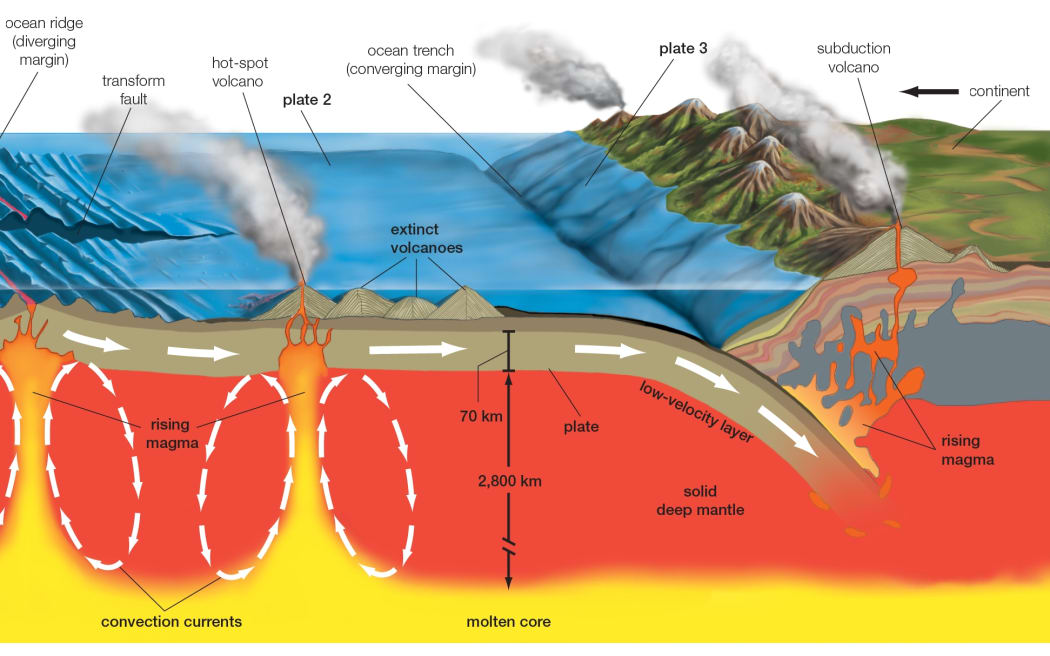 A graphic showing volcanic activity and Earth's tectonic plates.