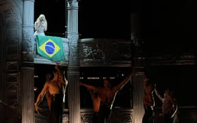 US pop star Lady Gaga performs during a free concert at Copacabana beach in Rio de Janeiro, Brazil on May 3, 2025. (Photo by STRINGER / AFP)