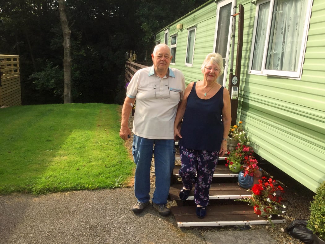 Wendy and Trevor Hardy outside their temporary home in Yorkshire, UK