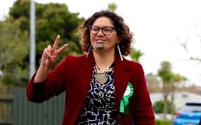 Marama Davidson and Darleen Tana arrive at a marae in Glen Innes to vote in the 2023 general election.
