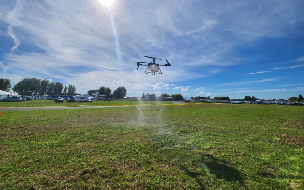 The P100 agricultural spray drone displaying what it can do at the Central Districts Field Days