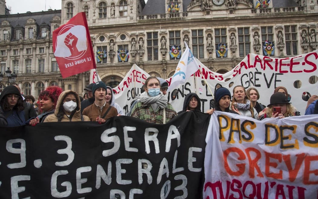 France, Paris, 2023-04-14. Gathering on the forecourt of the Town Hall, following the announcement of the Constitutional Council validating the essentials of the pension reform.
Photography by Virginie Seiller / Hans Lucas.
France, Paris, 2023-04-14. Rassemblement sur le parvis de l Hotel de Ville, suite a l annonce du Conseil Constitutionnel validant l essentiel de la reforme des retraites. Photographie de Virginie Seiller / Hans Lucas. (Photo by Virginie Seiller / Hans Lucas / Hans Lucas via AFP)