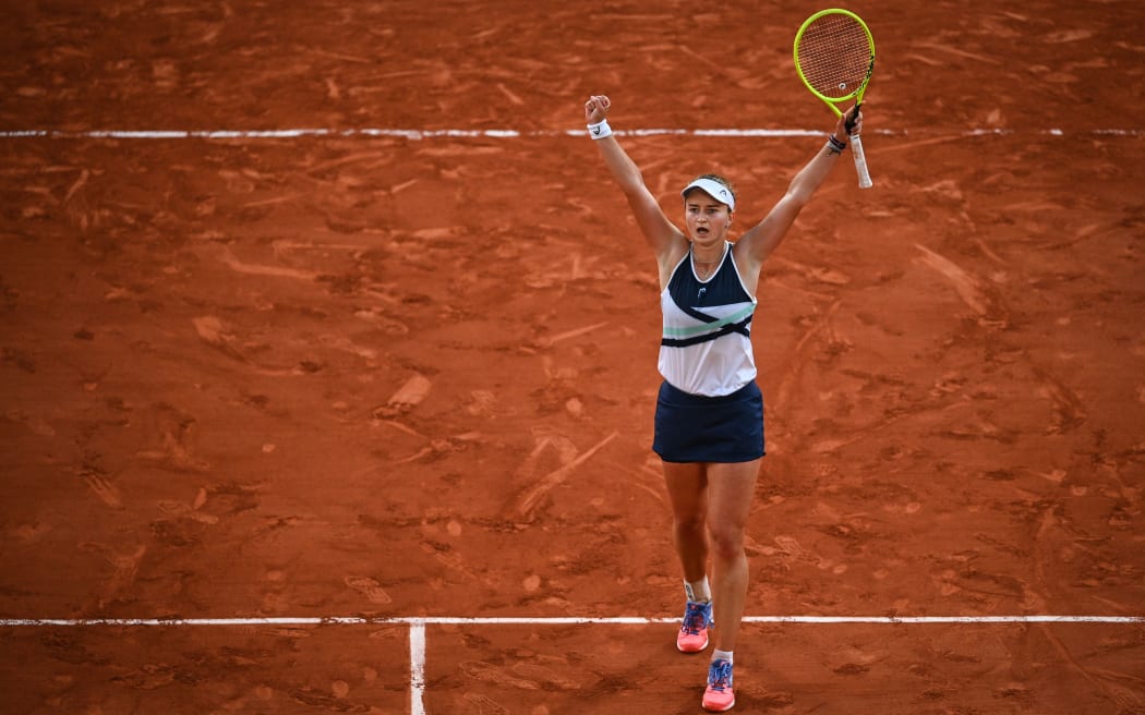 Czech Republic's Barbora Krejcikova celebrates after winning against Greece's Maria Sakkari at the end of their women's singles semi-final tennis match on Day 12 of the 2021 French Open tennis tournament in Paris on June 10, 2021.