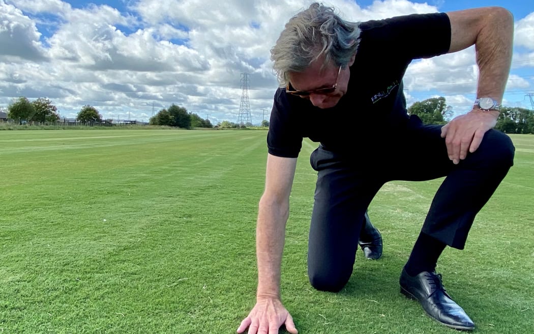 Mark Eman checks out some of the turf grown on his farm.