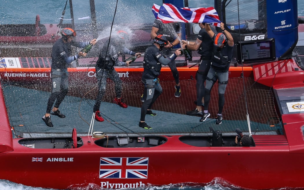 The Great Britain SailGP Team presented by INEOS helmed by Sir Ben Ainslie celebrate their win on board their F50 on Race Day 2. Bermuda SailGP presented by Hamilton Princess, Event 1 Season 2 in Hamilton, Bermuda. 25 April 2021.