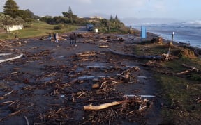 The car park at Raumati beach showing the effects of high seas and gale force winds.