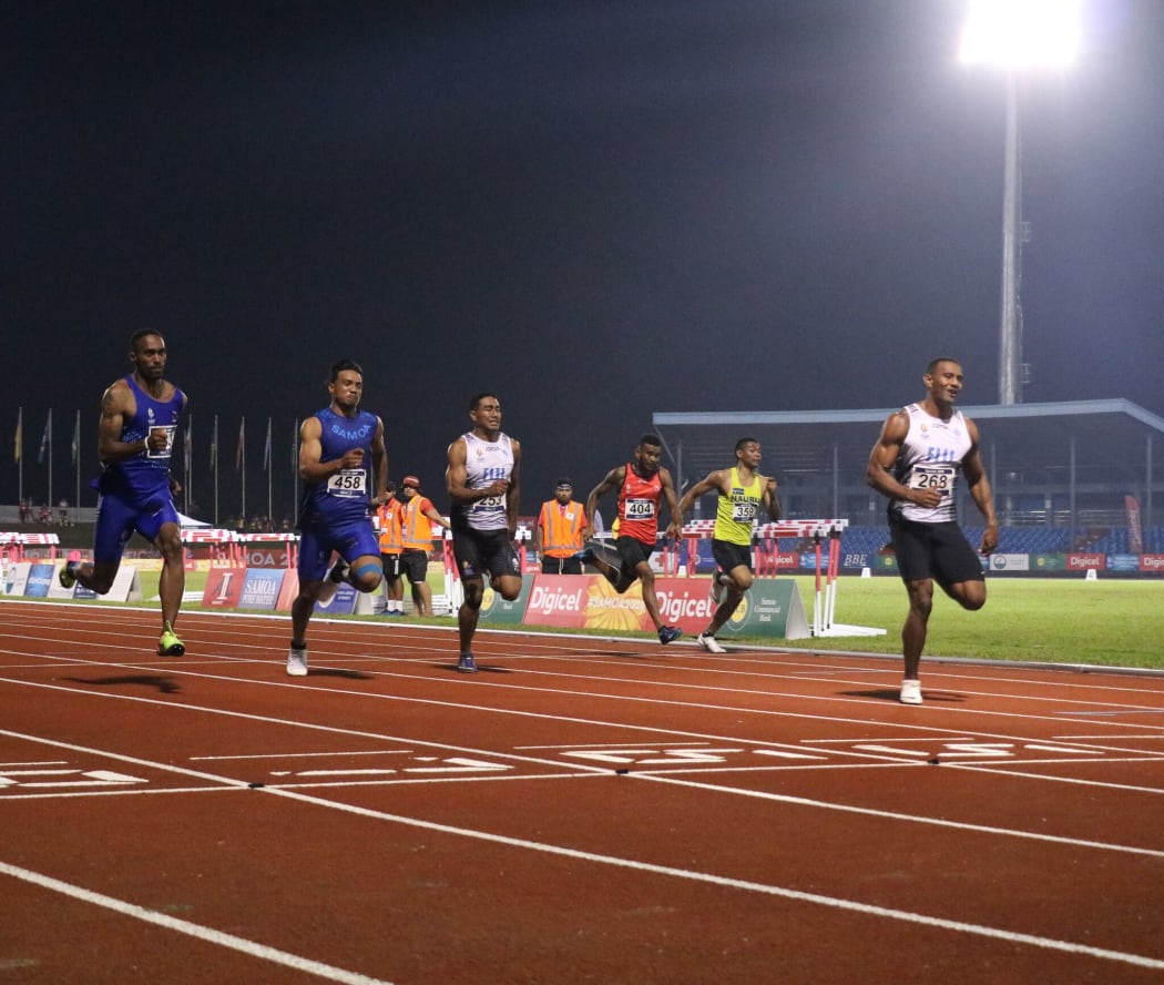Samoa 7s debutant Kelvin Masoe (2L) won bronze in the men's 100m at the 2019 Pacific Games.