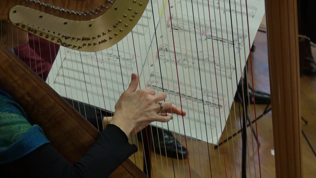 Harpist Carolyn Mills in action