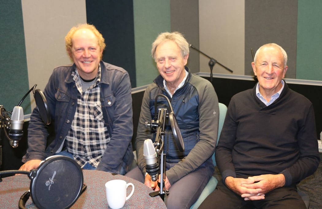A portrait of producer John Baker in the RNZ studios with Mark Burgess and Billy Hunter