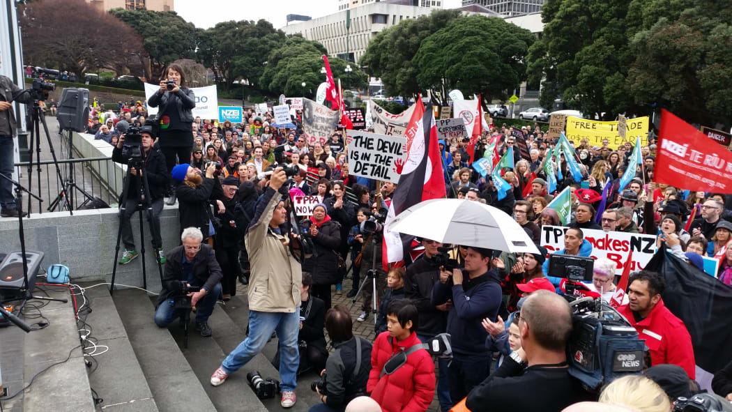 Wellington's protesters chant, clap and jeer on the steps of Parliament as guest speakers address the crowd