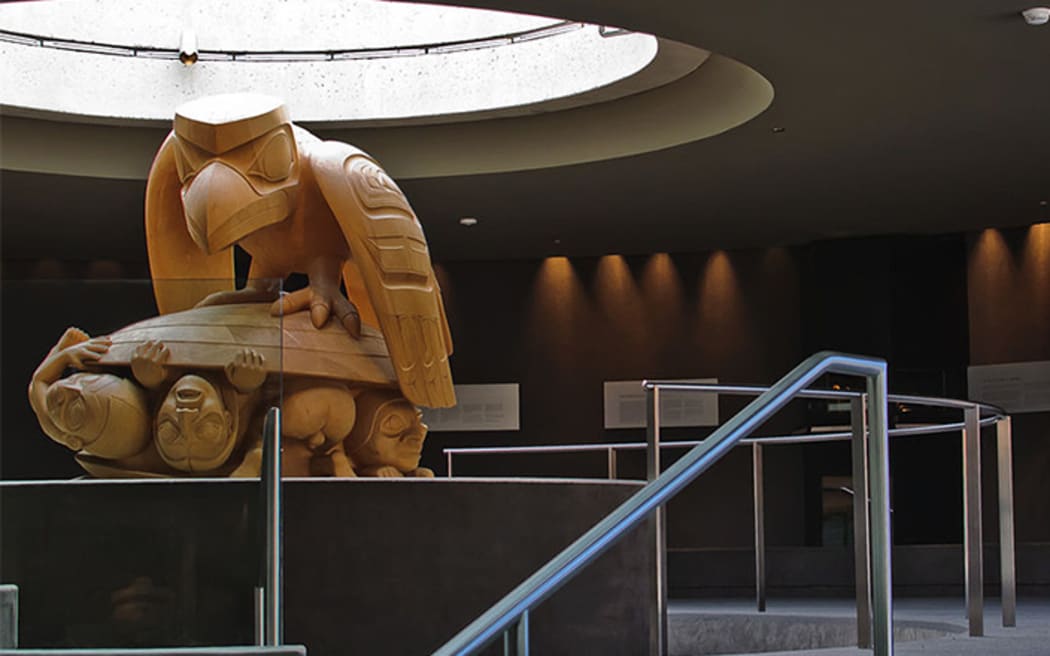 The Raven and the First Men, carved from cedar by Haida artist Bill Reid, depicts the Haida creation story.