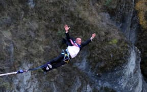 Queenstown mayor Jim Boult takes a sunrise bungy jump on Thursday.  AJ Hackett Bungy started operating again on the first day of level 2 rules that allow domestic tourism to re-start.