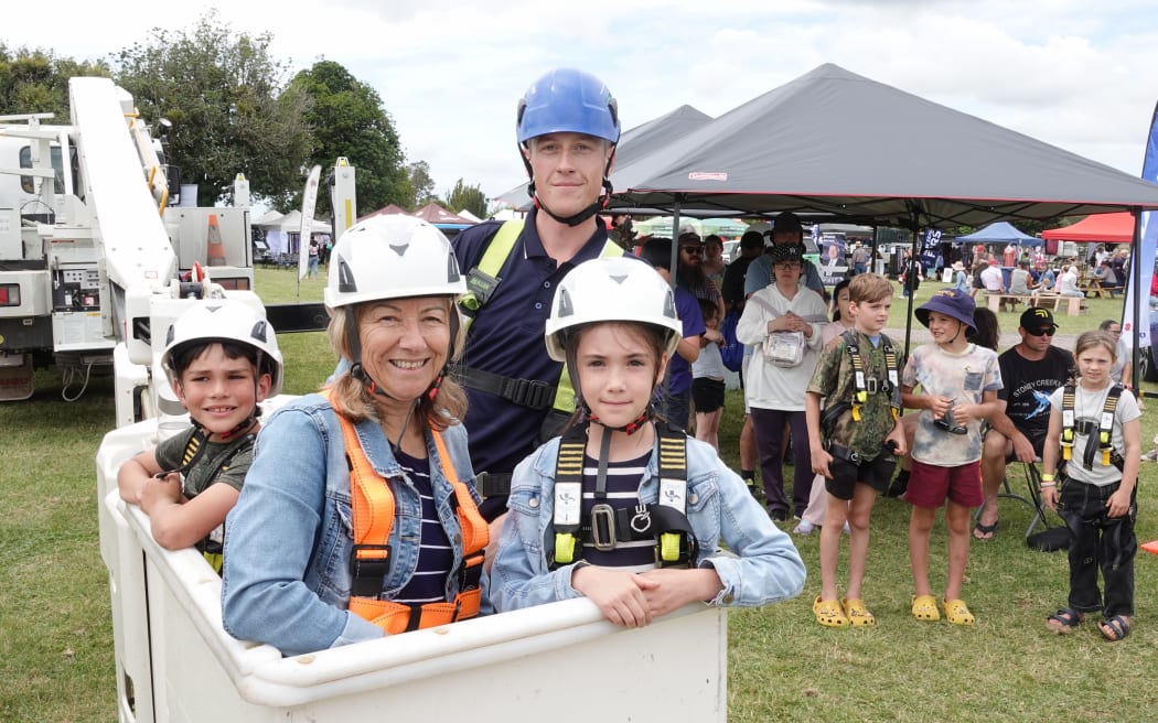 Perry Lynn, 8, of Kerikeri, and nana Shirley Gordon take a free ride in the Top Energy bucket, at the Bay of Islands Pastoral and Industrial Show, on 9 November, 2024.