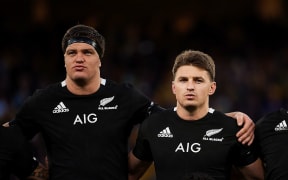 Scott Barrett and Beauden Barrett lineup before a  Test 2019.