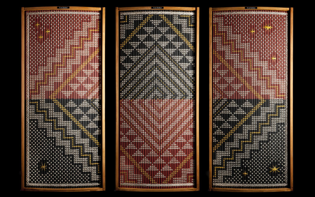 Te ao hurihuri (the changing world), tukutuku (woven wall panel), 2013 by James and Catherine Schuster, Te Ropu Raranga Whatu o Aotearoa (National Collective of Maori Weavers in New Zealand).