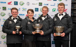 The 2023 New Zealand Dairy Industry Award winners from left, New Zealand Dairy Trainee of the Year Bill Hamilton - Northland; New Zealand Share Farmers of the Year Hayden and Bridget Goble - Taranaki; New Zealand Dairy Manager of the Year Jack Symes - Canterbury/North Otago.