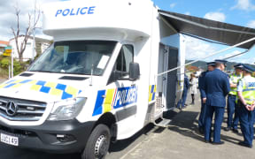 Officers at the launch of the first mobile police station in Upper Hutt this afternoon.
