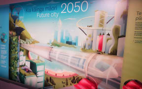 The 'future city' depicted in this Te Papa graphic includes carbon capture technology and a new-generation of flexible solar panels.