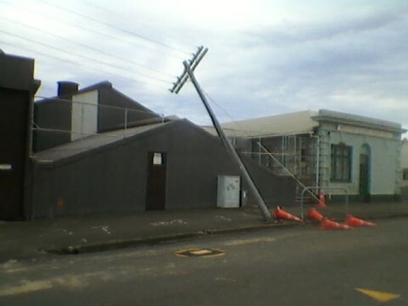 A fallen pole in Tees St, Oamaru.