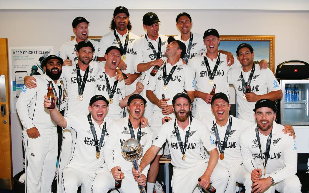 New Zealand players celebrate winning the World Test Championsip in the dressing room
New Zealand BlackCaps v India.
Day 6 of the ICC World Test Championship Final at Southampton, England on Wednesday 23rd June 2021.